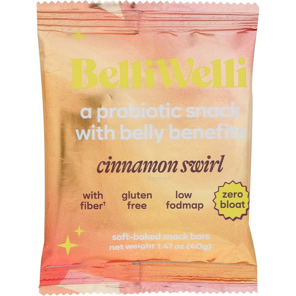 BelliWelli Cinnamon Swirl Probiotic Snack Bar front view pack of eight for healthy digestion.