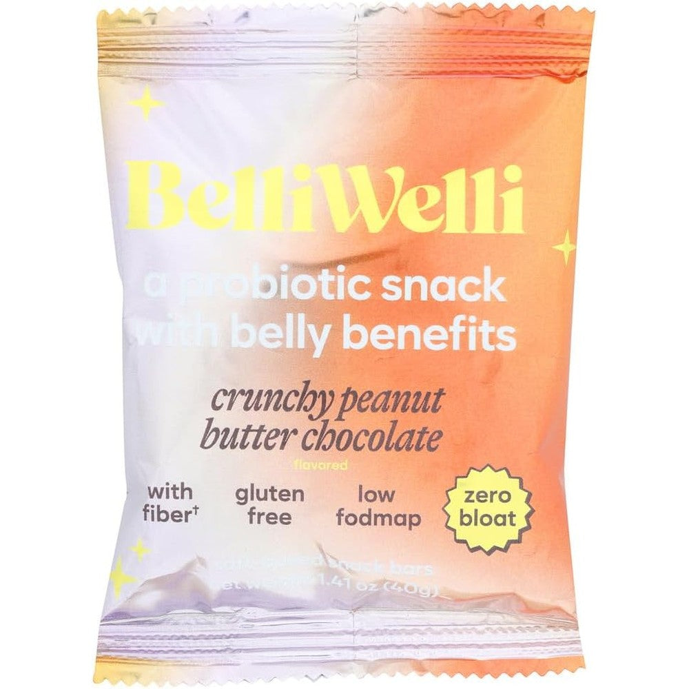 BelliWelli Crunchy Peanut Butter Chocolate Probiotic Snack Bar pack of 8 front view.