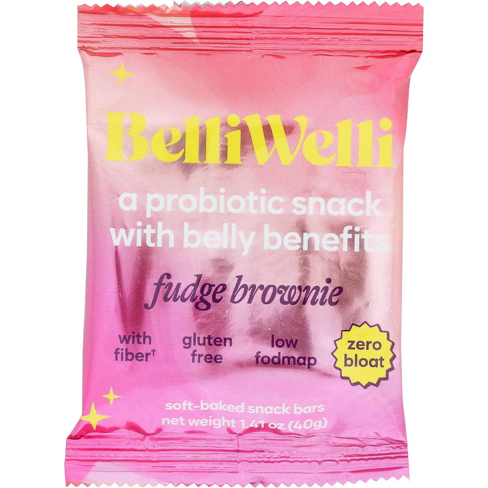 Belliwelli Fudge Brownie Probiotic Snack Bar pack of eight front view authentic USA imported gut friendly snack.