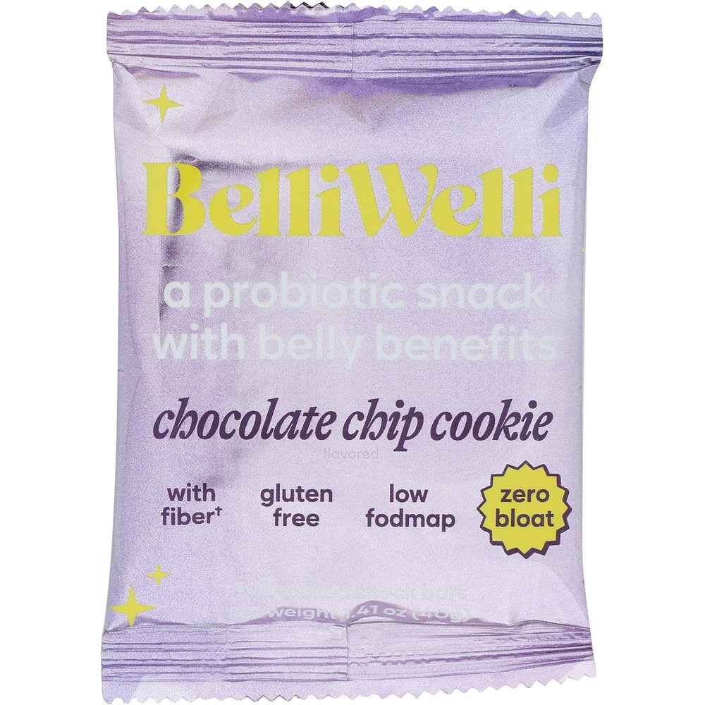 BelliWelli Snackbar Chocolate Chip Cookie probiotic snack bar front view for gut health.
