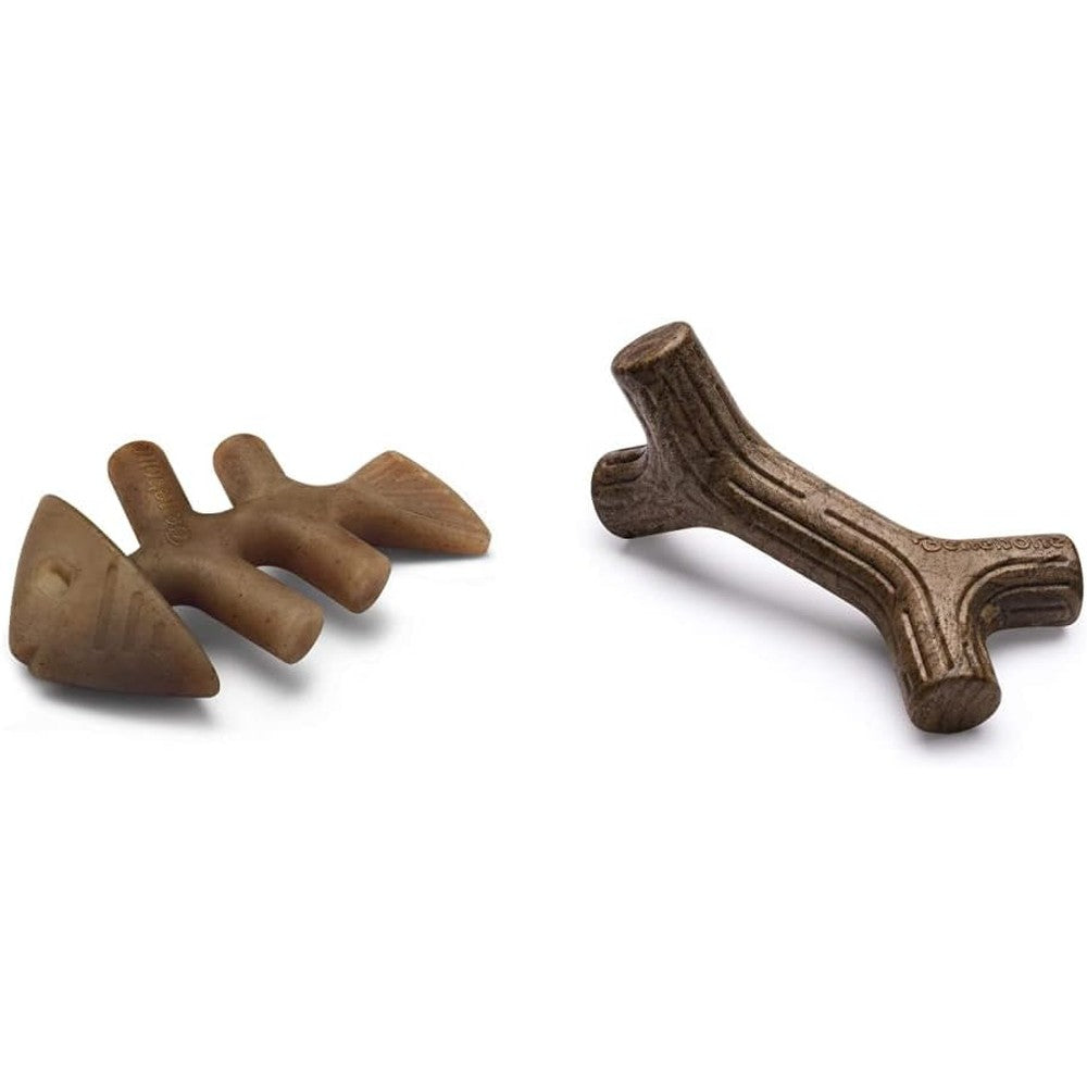 Benebone Fishbone and Maplestick durable dog chew toys front view for aggressive chewers