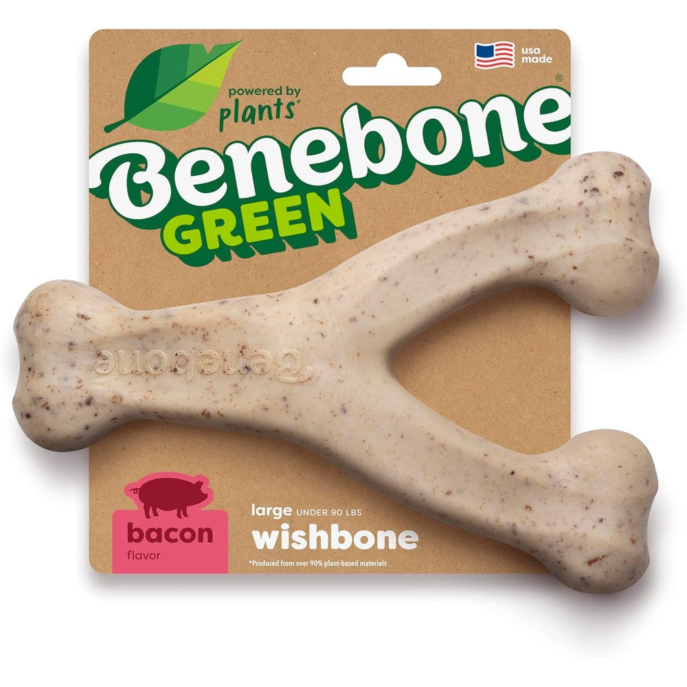 Benebone Green Plant-Based Bacon Wishbone Large Dog Chew Toy front view