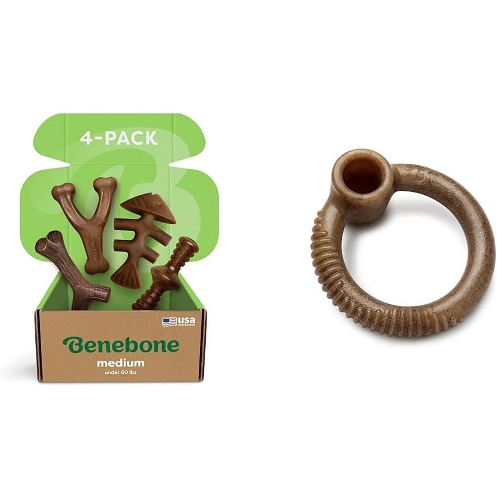 Benebone medium four pack and ring dog chew toys front view of authentic pack