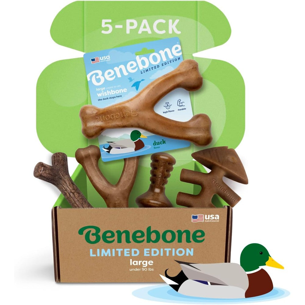 Benebone Wishbone and multi-pack dog chew toys front view for power chewers.