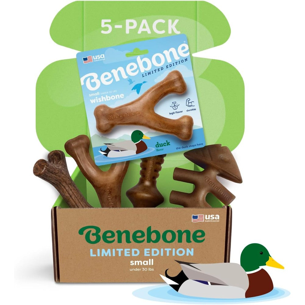 Benebone small dog chew toy bundle front view featuring durable duck wishbone and pack of four nylon bones.