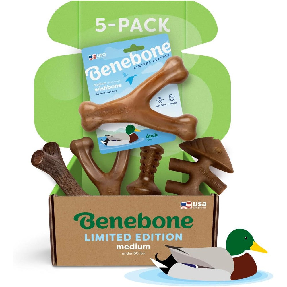 Benebone Wishbone and Medium Four Pack Dog Chew Toys Bundle front view showcasing authentic USA imported durable pet toys.