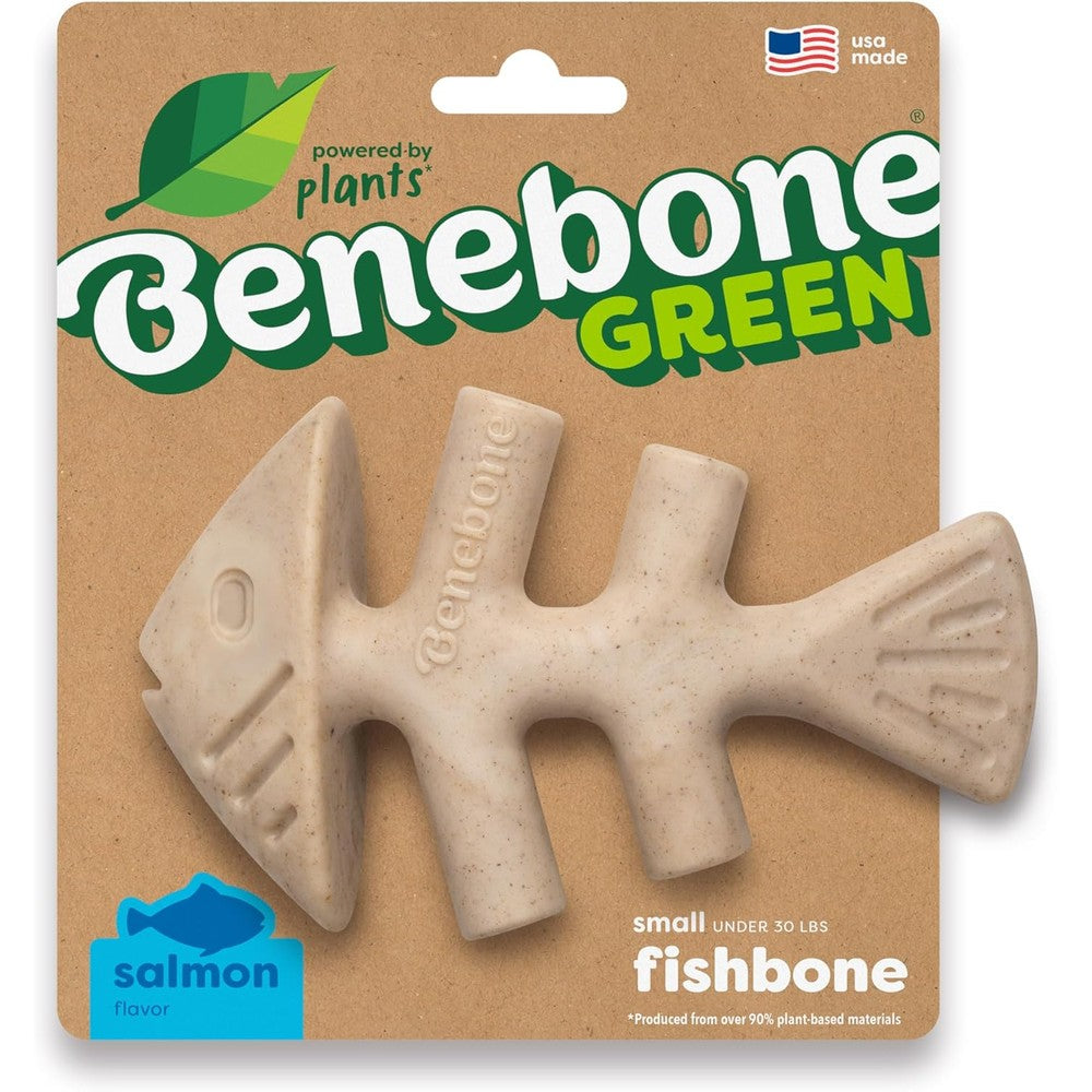 Benebone Green plant-based real salmon fishbone dog chew toy front view premium imported pet supplies