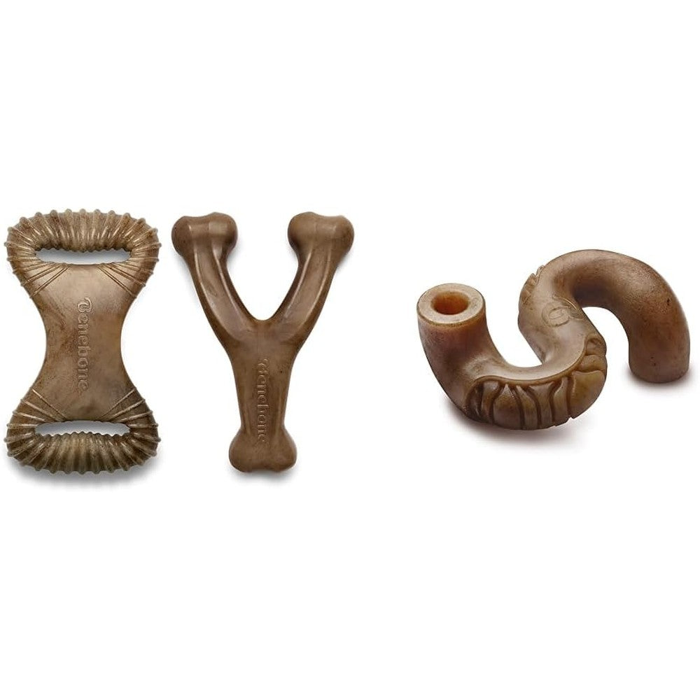 Benebone 2-Pack Wishbone and Dental durable dog chew toys front view showing ergonomic curve