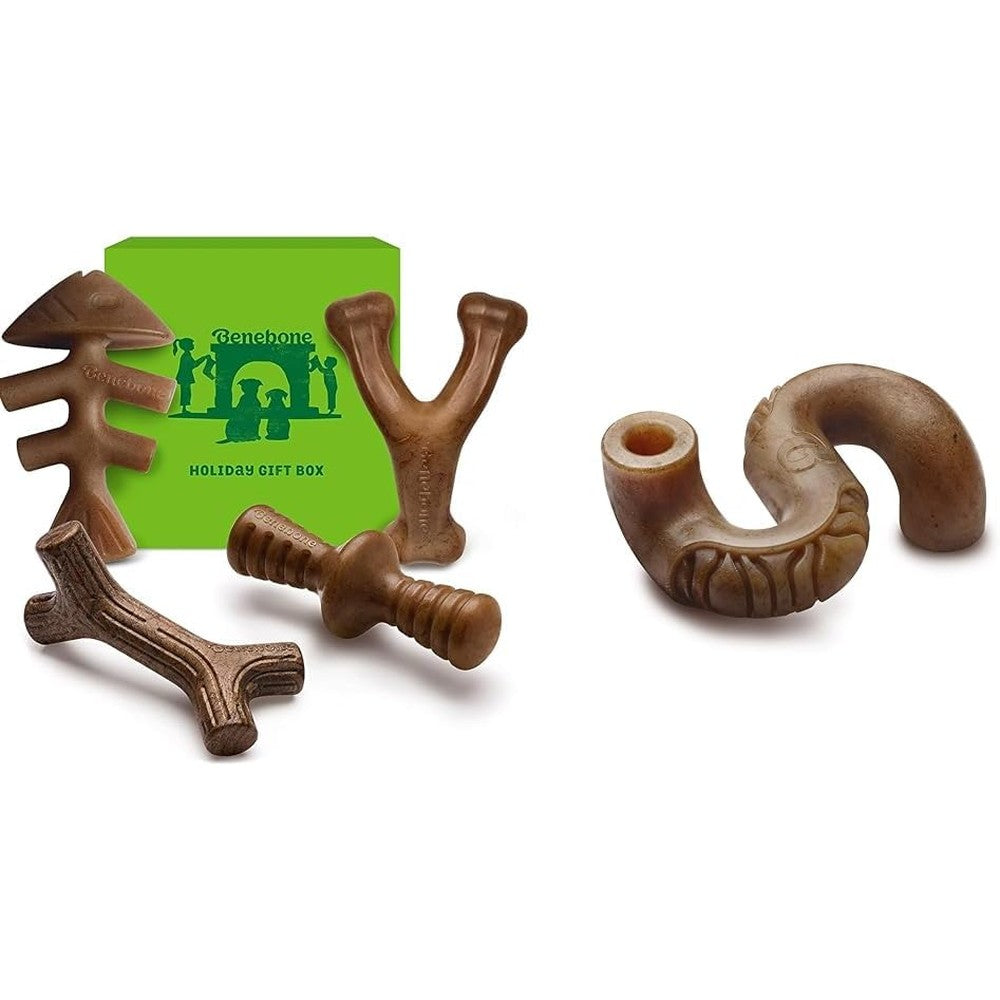 Benebone Medium Holiday Four Pack Dog Chew Toys front view showcasing four durable nylon bones.