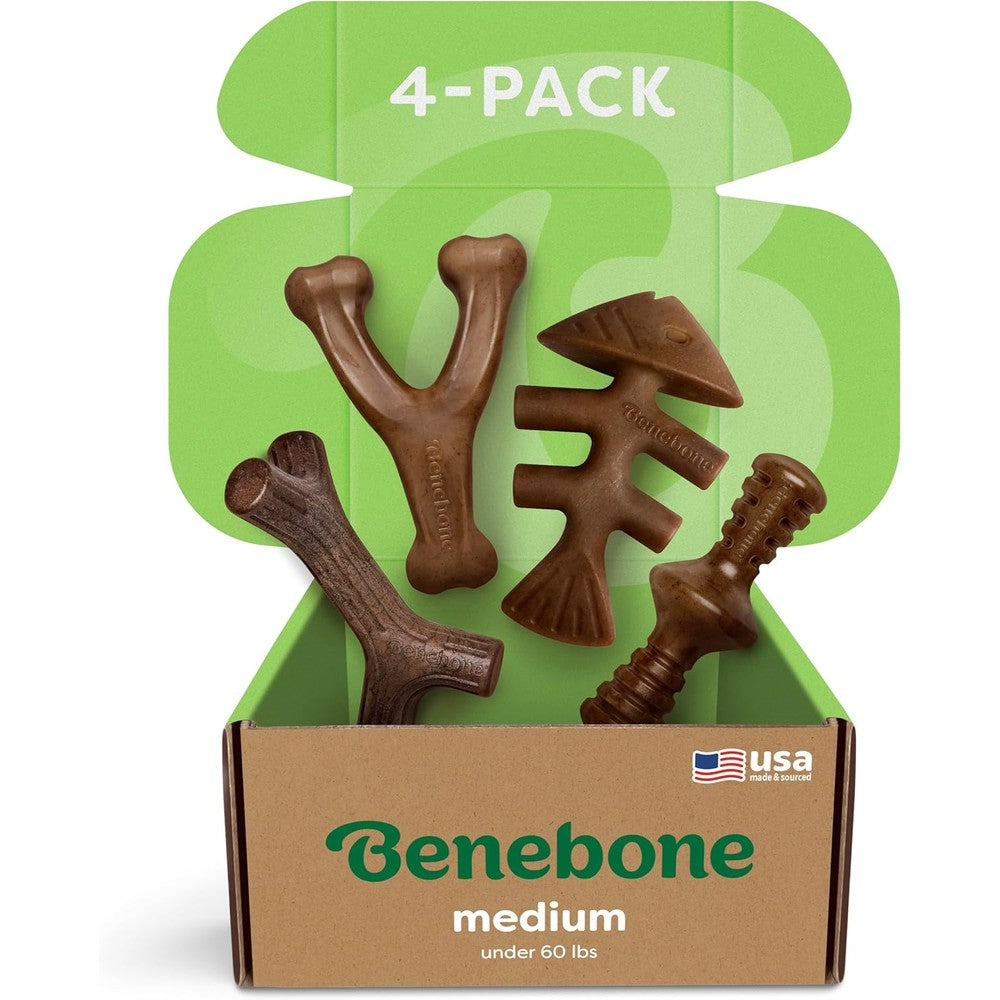 Benebone Medium 4-Pack Dog Chew Toys front view showcasing four different flavored nylon bones