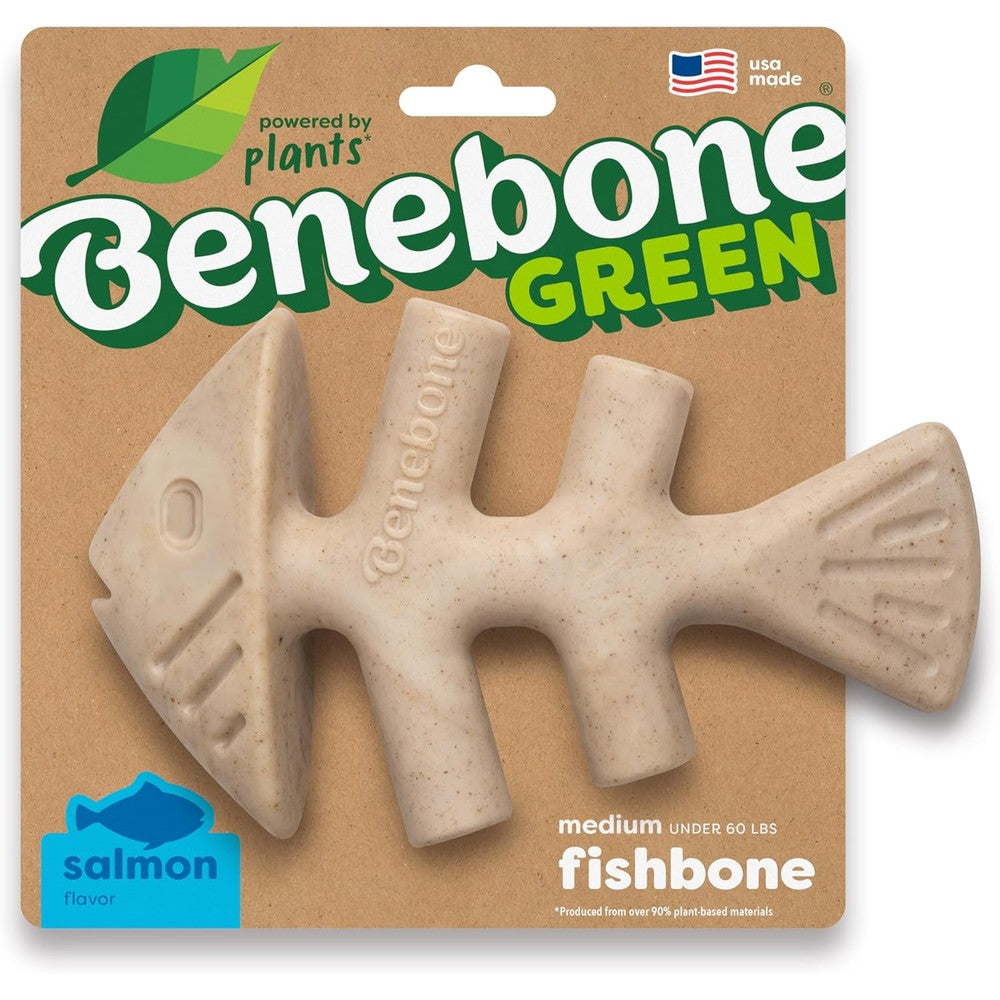 Benebone Green plant-based real salmon fishbone dog chew toy medium size front view