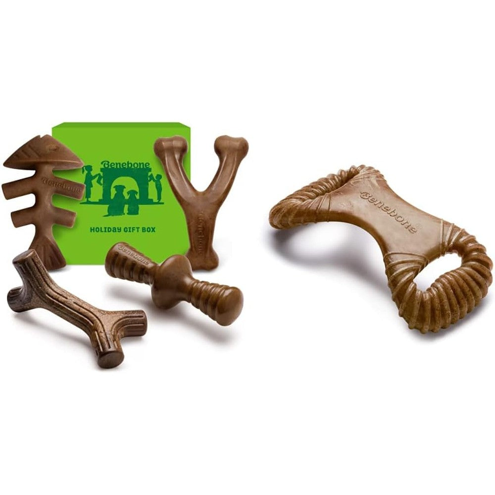 Benebone Medium Holiday Four Pack Dog Chew Toys front view packaging showing four durable bones.