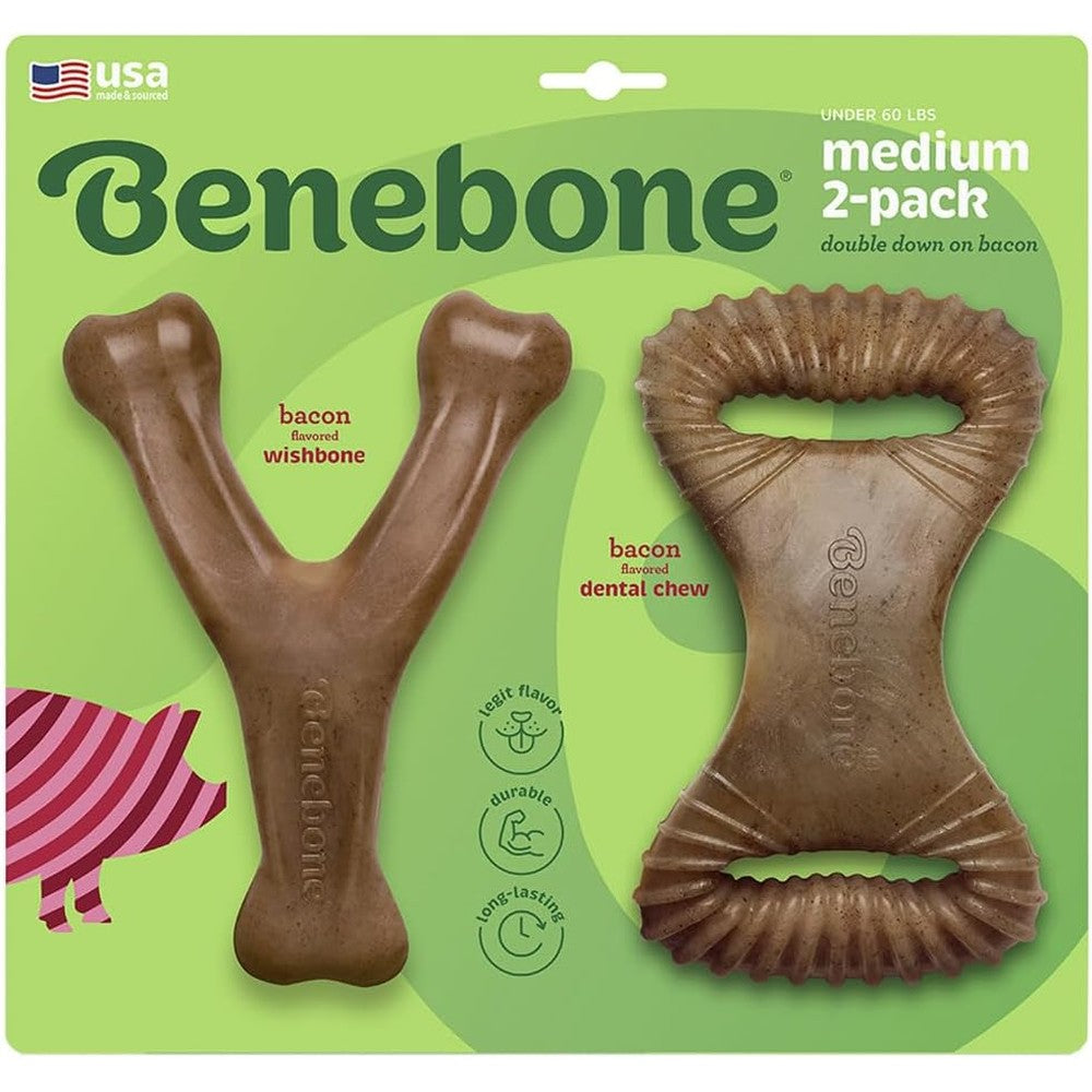 Benebone Medium 2-Pack showing the bacon flavored wishbone and dental chew toys from the front view.