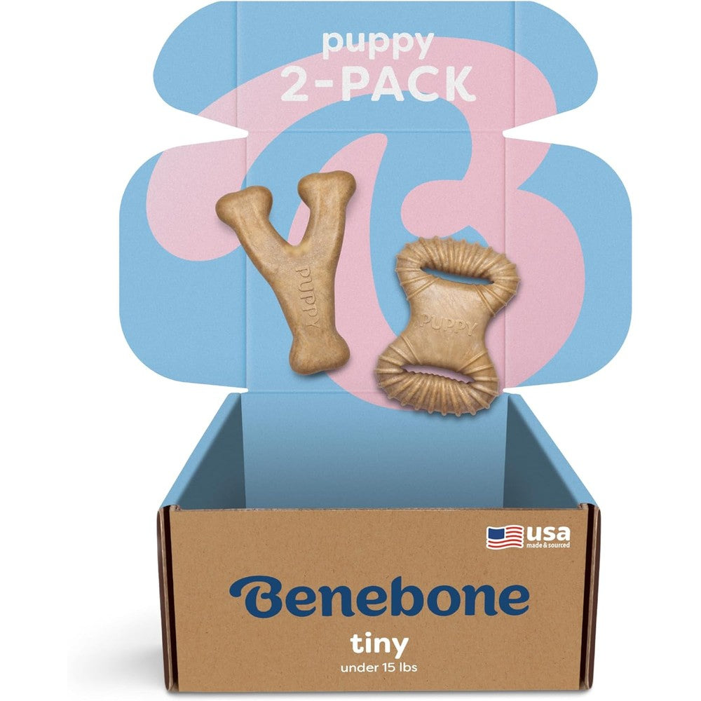 Benebone Puppy Two Pack Dental Chew and Wishbone front view showing the chicken flavored dog toys.
