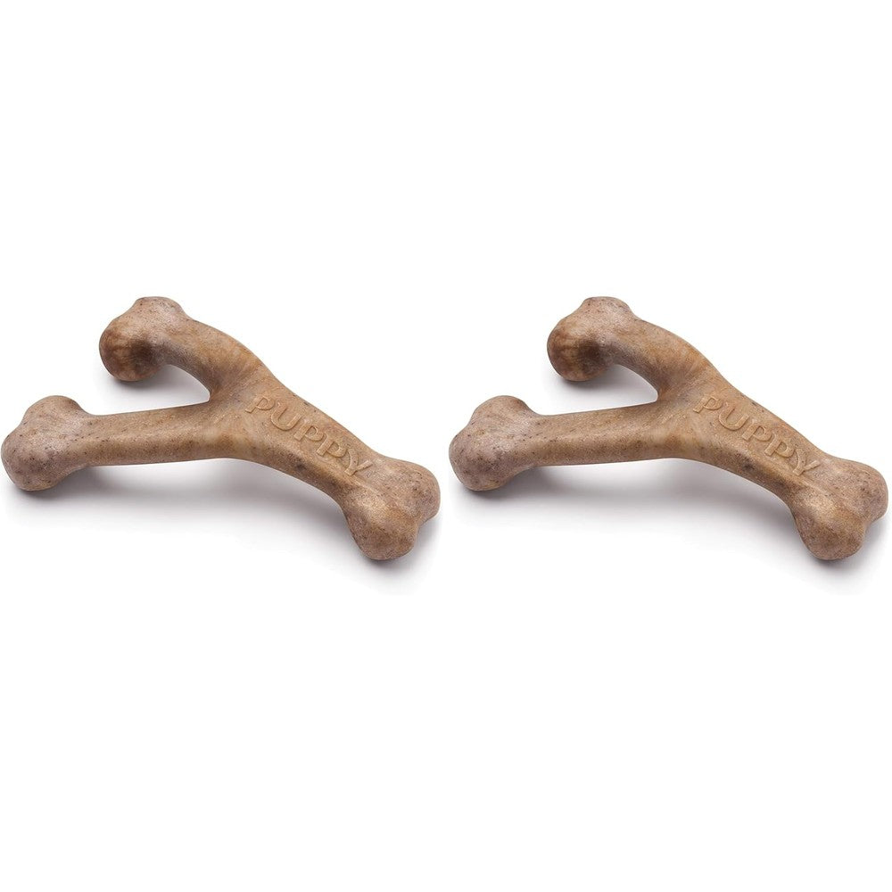 Benebone puppy wishbone dog chew toy front view real bacon flavor pack of two