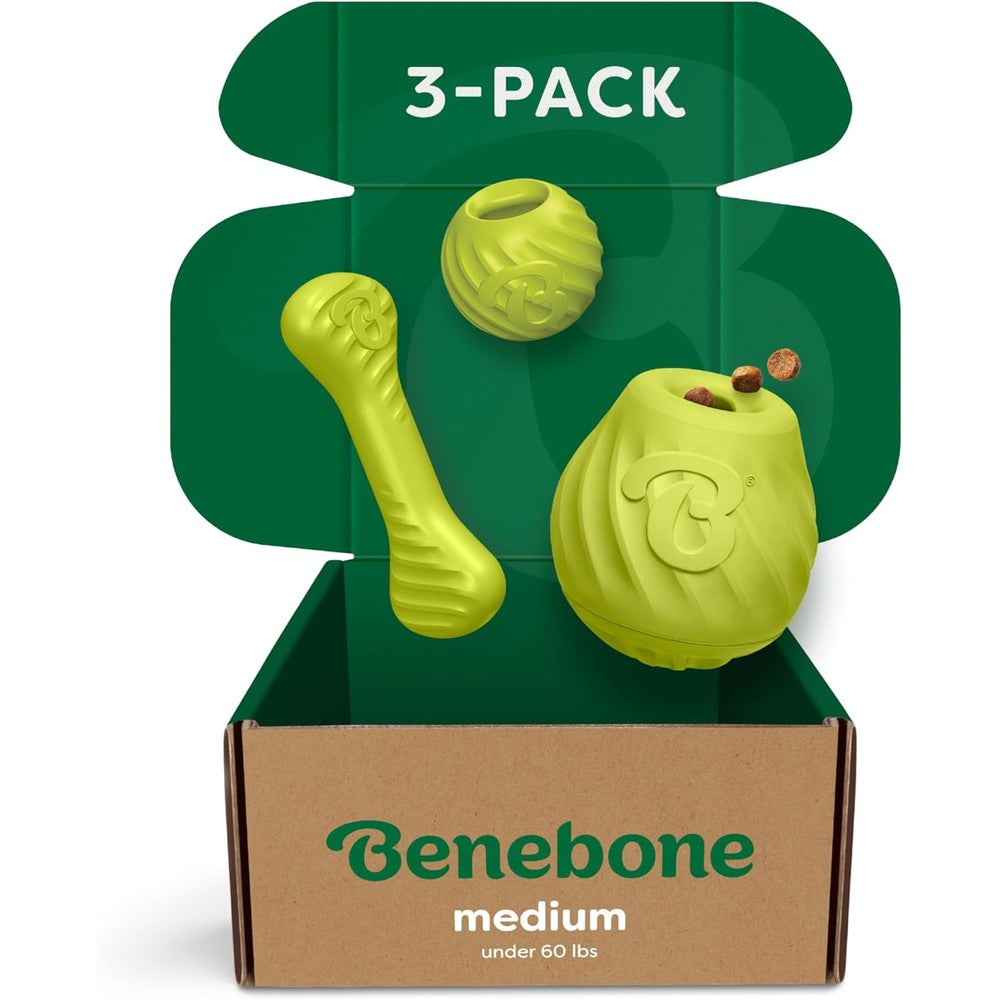 Benebone 3-Pack Chew Chase Challenge Trio front view displaying the complete medium dog toy collection.