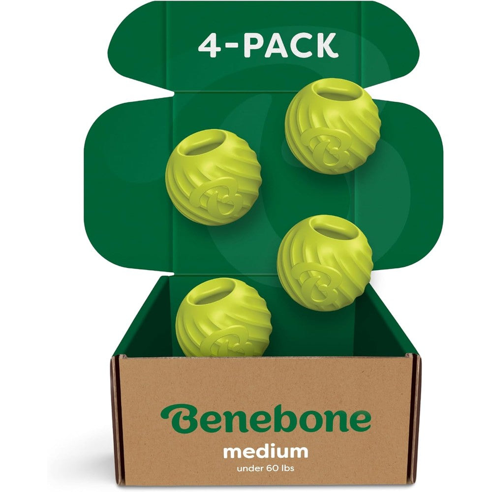 Benebone Bounce Natural Rubber Dog Ball 4 Pack front view showcasing the durable green textured exterior.