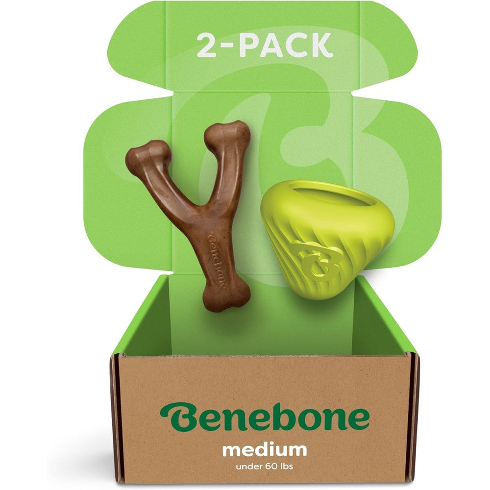 Benebone dog toy bundle front packaging view featuring medium wishbone chew and green rubber cone.
