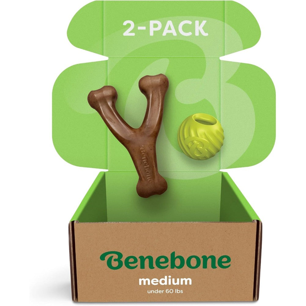 Benebone Wishbone and Natural Rubber Ball Medium Bundle front view showcasing authentic dog chew toys.