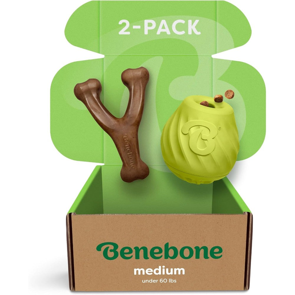 Benebone Medium Wishbone and Pawbler treat dispenser bundle front view durable dog toys