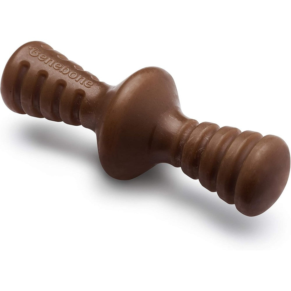 Benebone Zaggler rolling dog chew toy front view showing the curved peanut-infused design