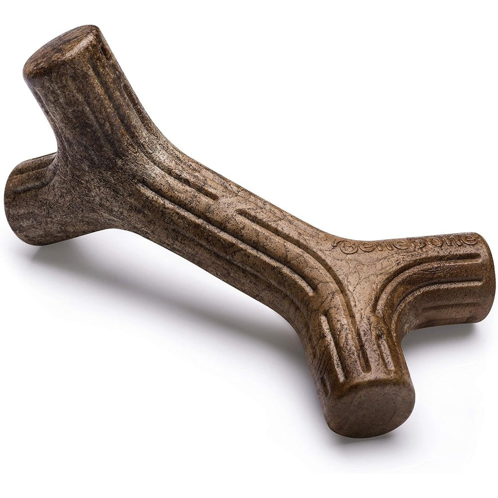 Benebone Maplestick Large dog chew toy front view displaying its realistic wood texture and curved design.