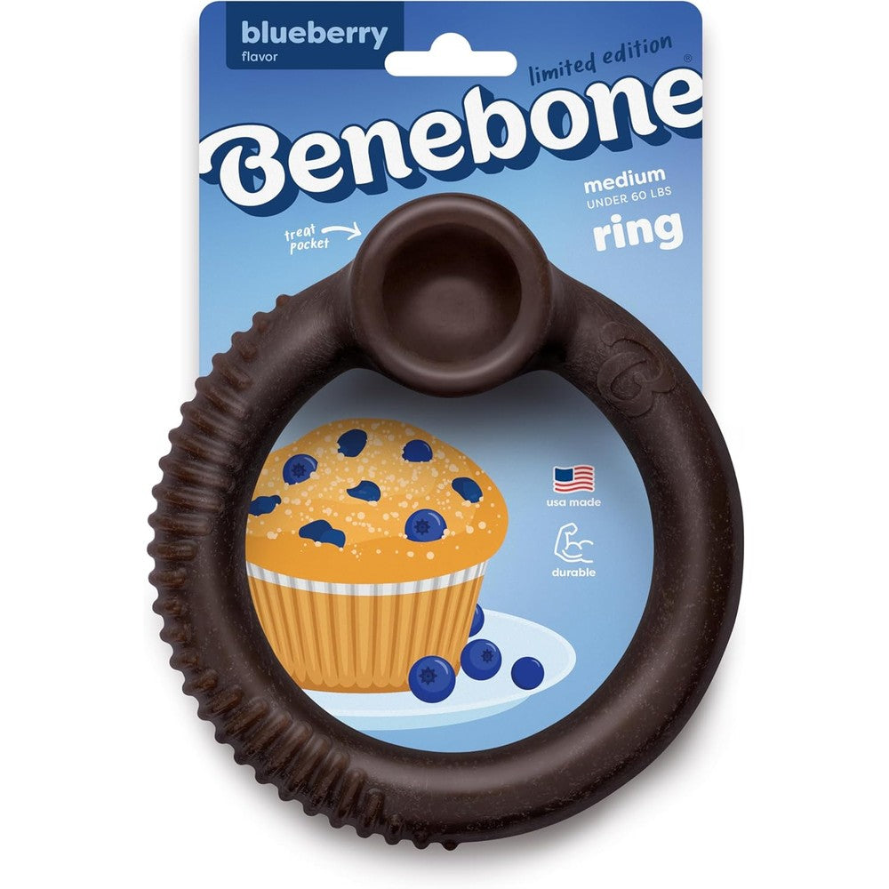 Benebone limited edition blueberry ring dog chew toy front view for aggressive chewers