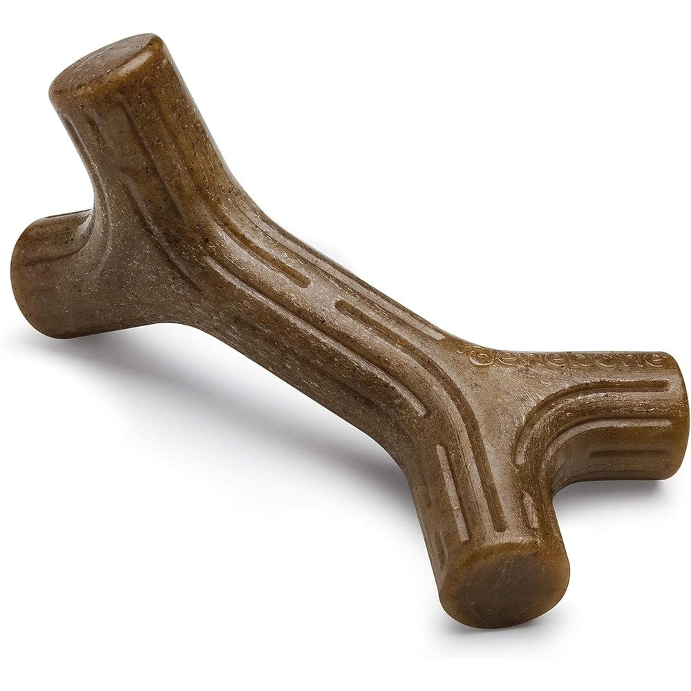 Benebone Bacon Stick small dog chew toy front view showcasing ergonomic curved shape.