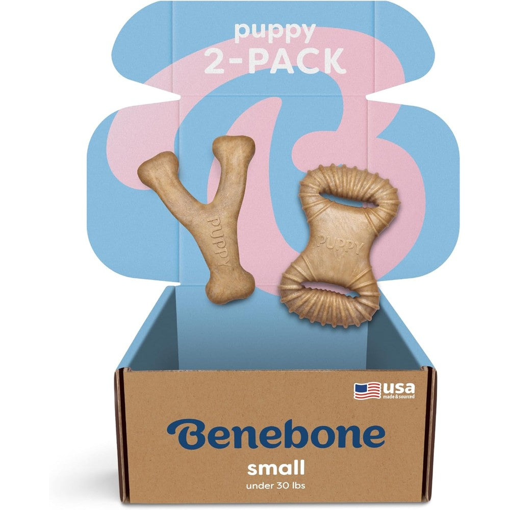 Benebone Puppy 2-Pack Dental Chew and Wishbone set packaging front view.