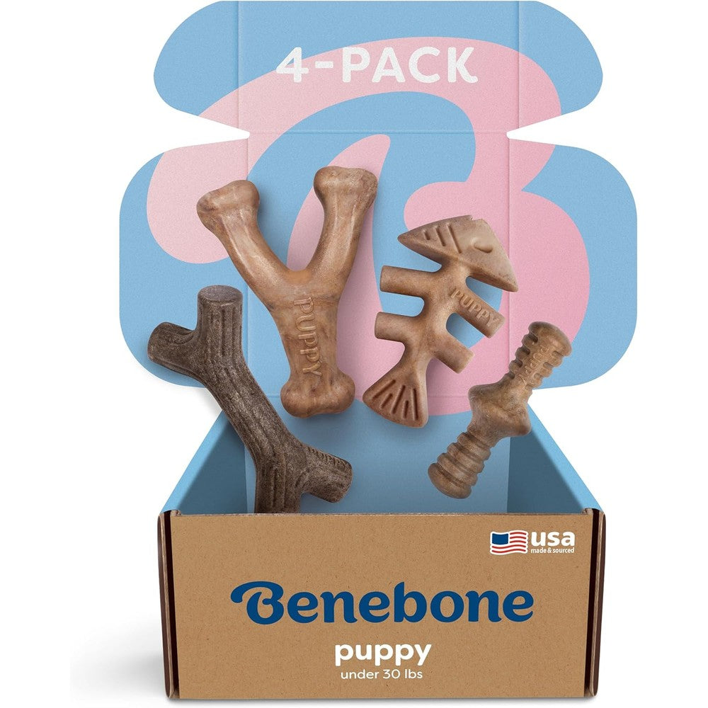 Benebone puppy four pack dog chew toys front packaging view showcasing variety shapes