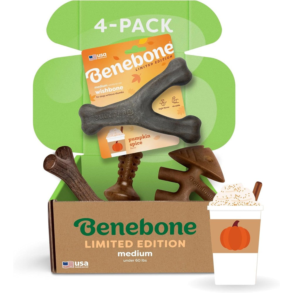 Benebone Limited Edition Medium Four Pack dog chew toys front packaging view showcasing the pumpkin spice wishbone.