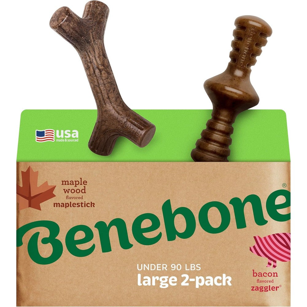 Benebone Maplestick and Zaggler 2-Pack durable dog chew toys front packaging view