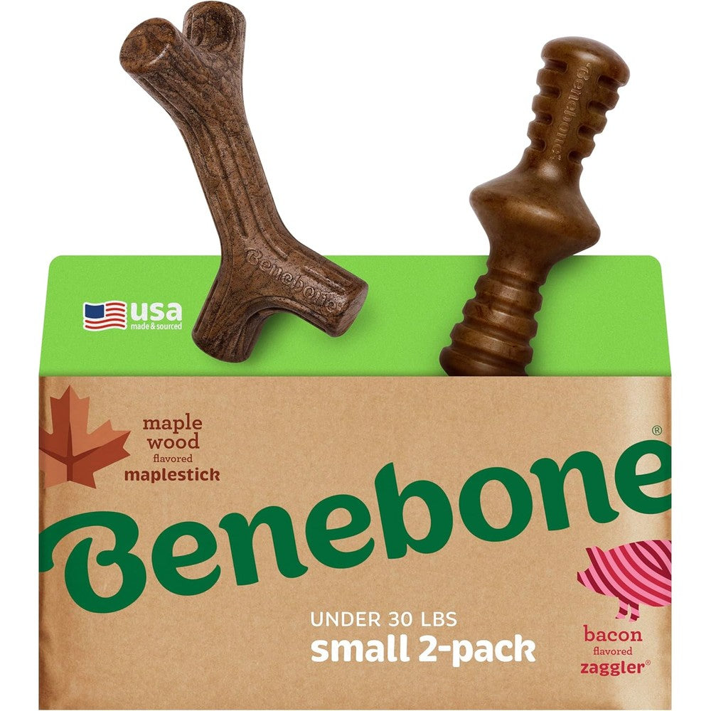 Benebone 2-Pack Maplestick and Zaggler small dog chew toys front view packaged