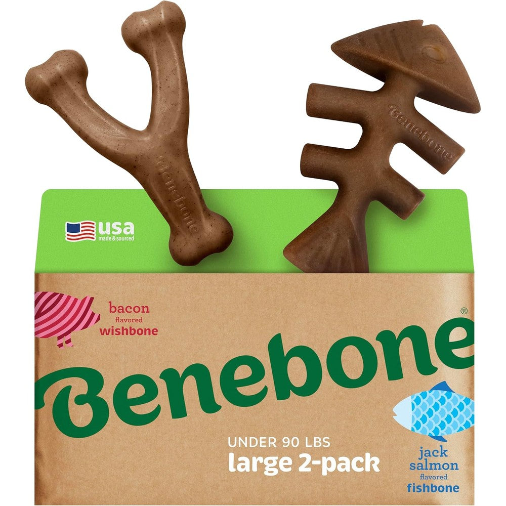 Benebone Large Dog Chew Toys Two Pack front view showcasing the bacon wishbone and salmon fishbone shapes.