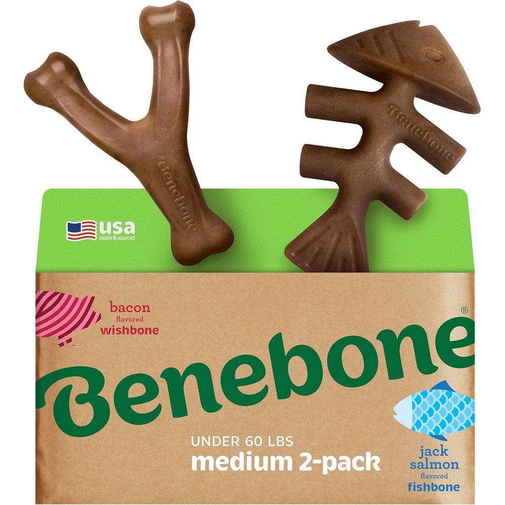 Benebone 2 Pack Fishbone and Wishbone Medium Dog Chew Toys front packaging view