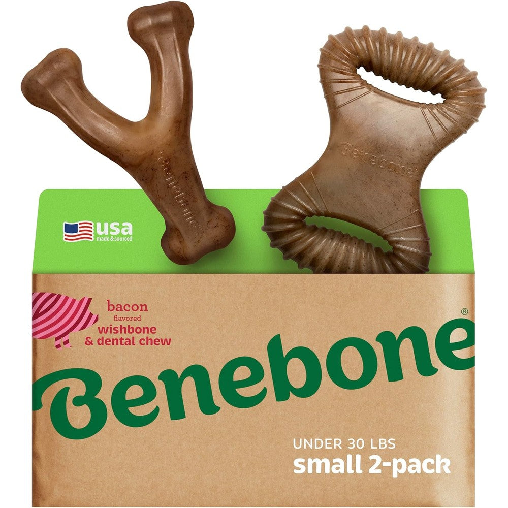 Benebone small dog chew toy two pack front view featuring wishbone and dental chew shapes.
