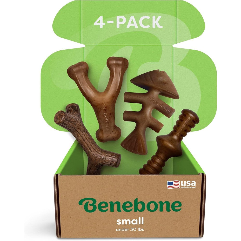 Benebone Small Four Pack Dog Chew Toy set showing four durable shapes.