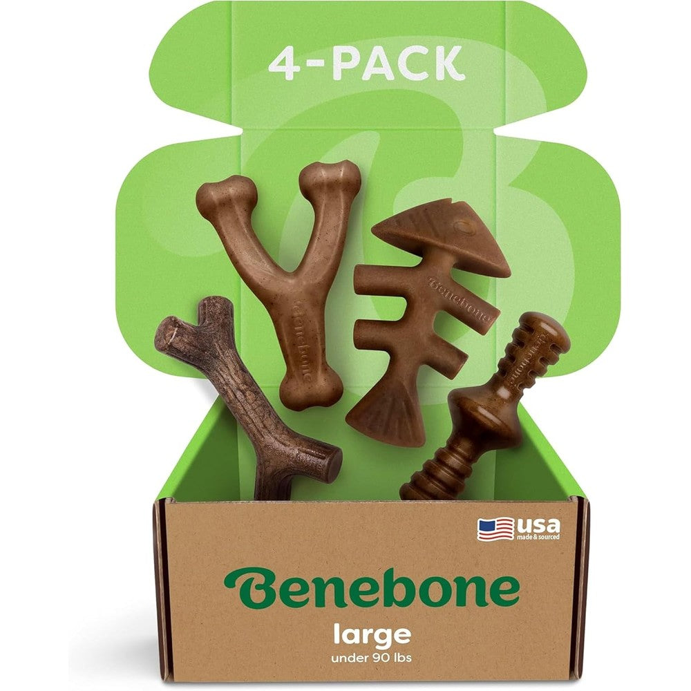 Benebone Large 4 Pack Dog Chew Toys packaging front view showcase