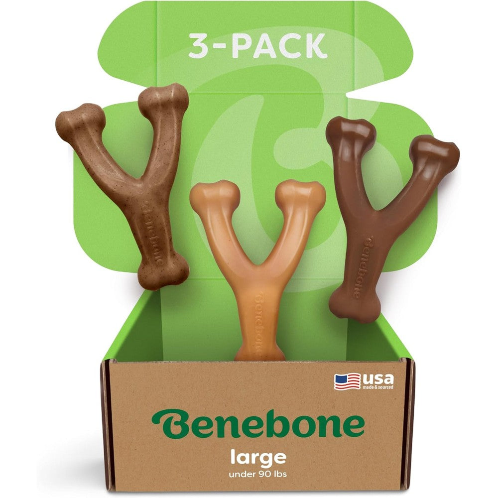 Benebone Large Three Pack Wishbone Dog Chew Toy front view of the bacon chicken and peanut butter variety pack