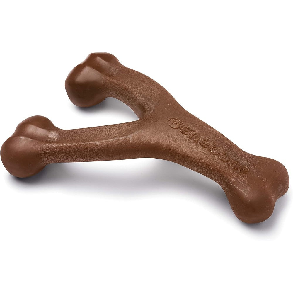 Benebone Wishbone Durable Dog Chew Toy front view showing the realistic peanut butter texture and large curved design.
