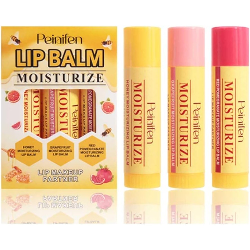 Peinifen honey grapefruit pomegranate lip balm set front view showing three moisturizing tubes