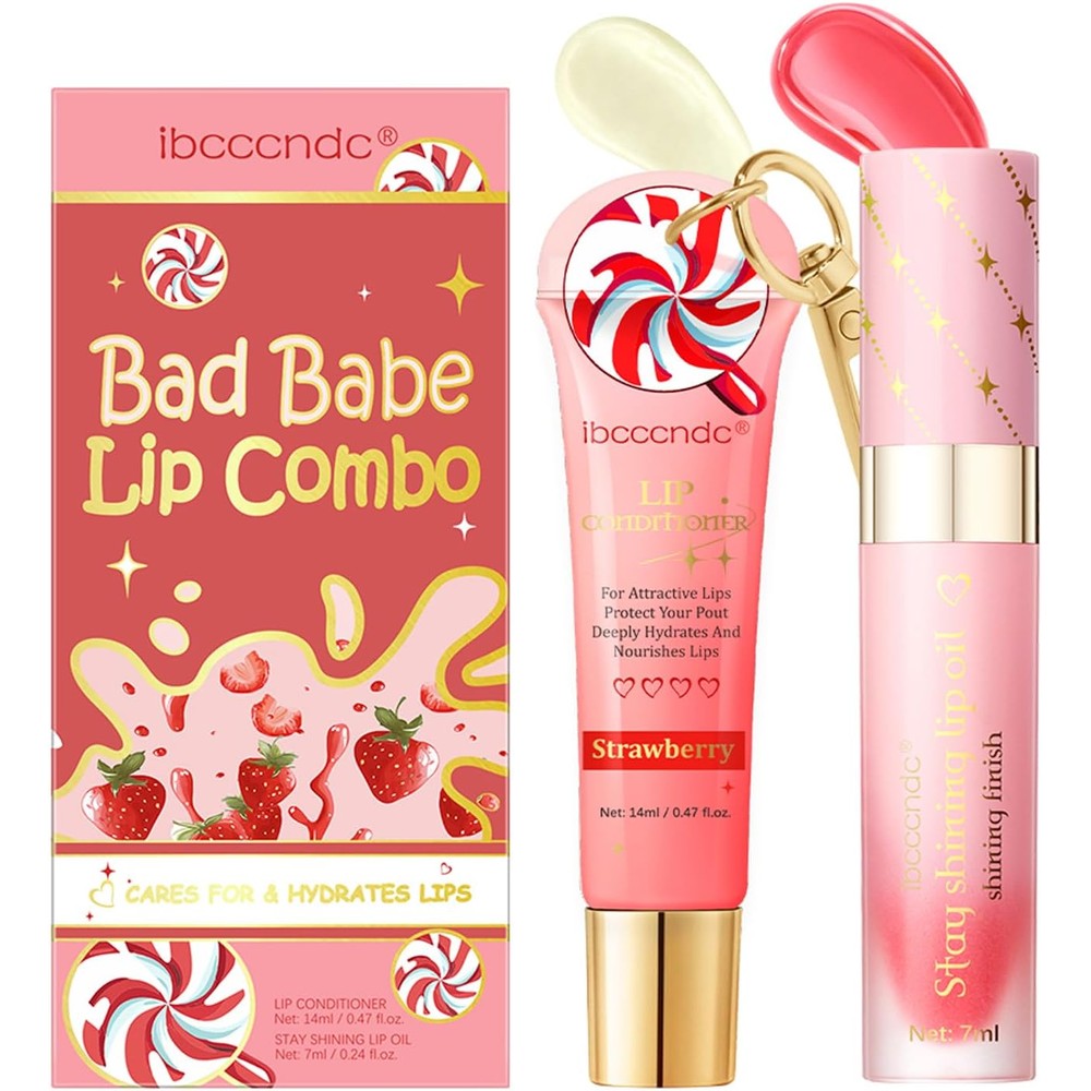 BestLand Bad Babe Lip Combo Set front view showing the strawberry lip conditioner tube and shiny lip oil