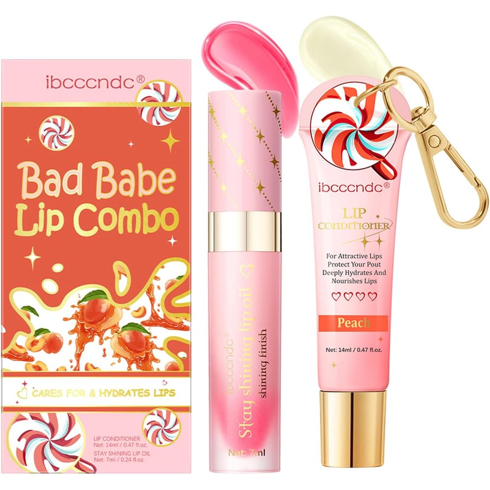 HQDA BestLand Bad Babe Lip Combo Set front view showcasing peach conditioner and shining lip oil duo.