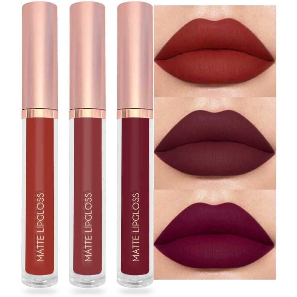 Lestpola Velvet Temptation matte liquid lipstick set front view showing Caramel Berry and Plum shades.