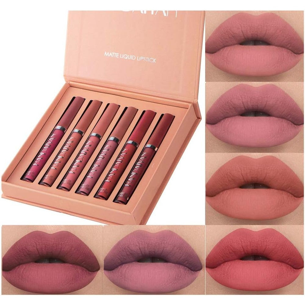 Bestland matte liquid lipstick makeup set front view showing six shades in a decorative gift box.
