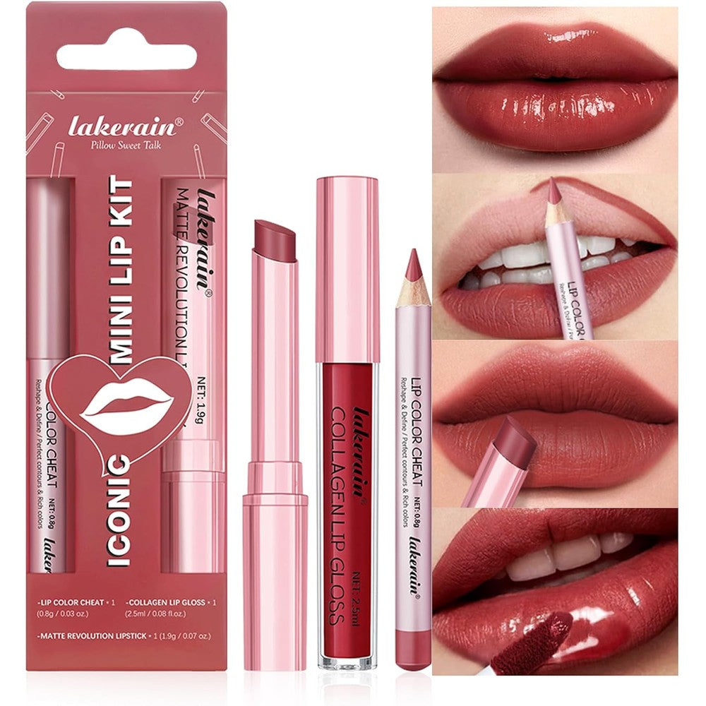 Petansy 3 Pieces Lip Liner and Lipstick Combo Set front view showcasing the full makeup kit