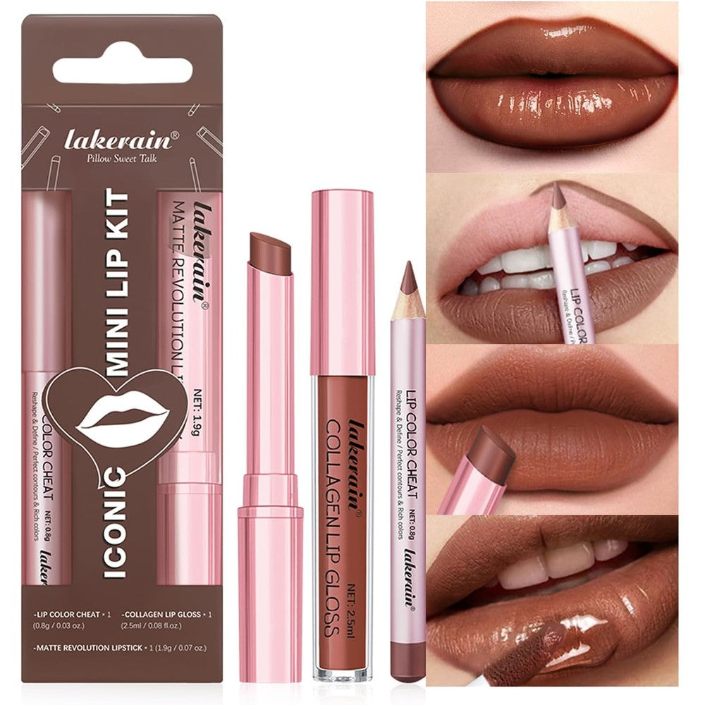 BestLand 3PCS Lip Liner and Lipstick Combo Set front view showcasing the complete nude brown kit.