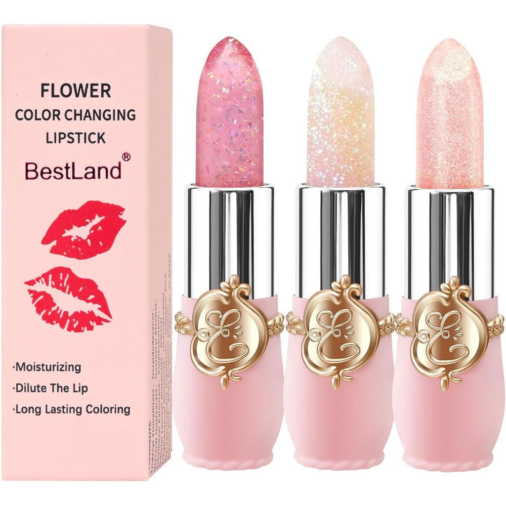 KissCharm BestLand flower jelly lipstick set front view showing three clear balms with gold flakes