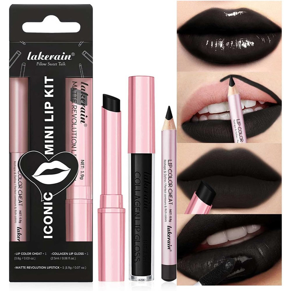 Petansy black lip liner and lipstick three piece set front packaging view for gothic cosmetic collections