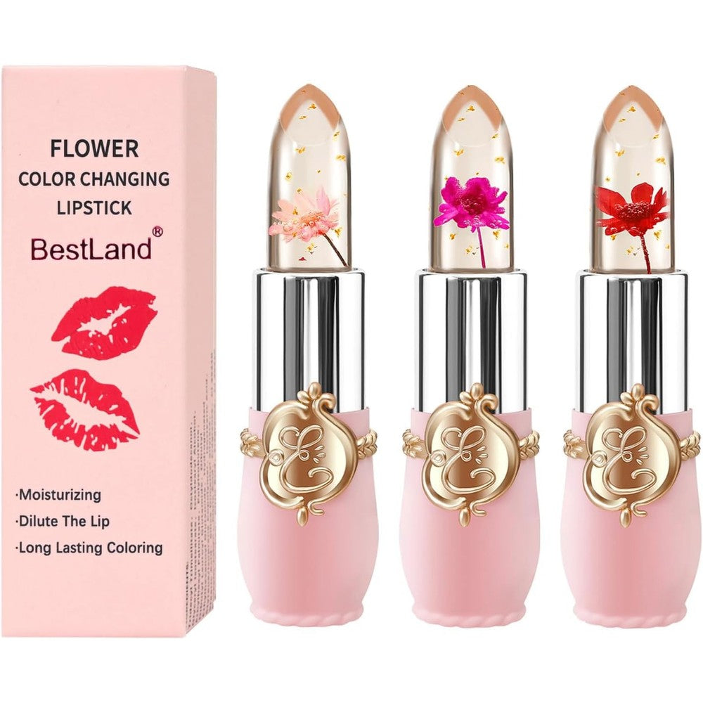BestLand Flower Jelly Lipstick Set front view of packaging featuring three color changing lip balms